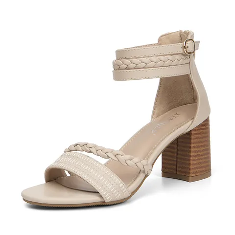 Sandalias de Tacón de Bloque con Correa Tejida para Mujer Tacones Altos con Hebilla en el Tobillo y Cremallera Trasera Tacón con Grano de Madera Zapatos de Moda de Cuero PU