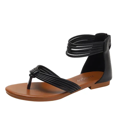 Women's Bohemian Flat Sandals T-Strap Roman Style Summer Casual Shoes With Back Zipper Microfiber Leather Beach Sandals