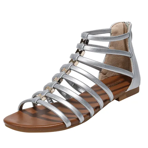 Women Roman Gladiator Sandals Summer Beach Vacation Flat Shoes Back Zipper PU Leather Multi Strap Metal Decor Round Toe