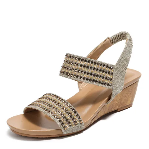 Sandali a Zeppa da Donna con Strass Perle Stile Romano Cinturino Elastico Posteriore Eleganti Calzature da Spiaggia Estiva