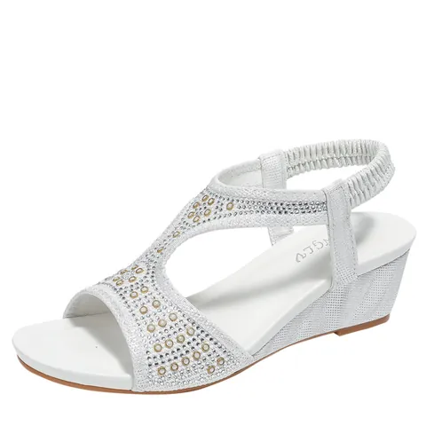 Damen Römischen Stil Keilsandalen Mit Strass T-Riemen Elastischem Fersenband Bequeme Mittleren Absatz Sommer Strand Schuhe