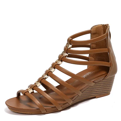 Women Bohemian Gladiator Wedge Sandals Roman Multi Strap Sandals With Back Zipper Fashion Casual Beach Vacation Shoes