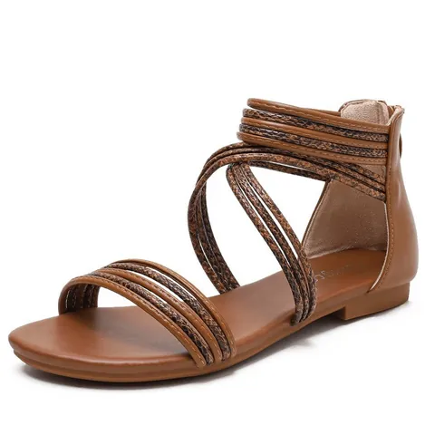 Women Roman Gladiator Flat Sandals PU Leather Multi Strap Snake Skin Print Summer Beach Casual Shoes With Back Zipper