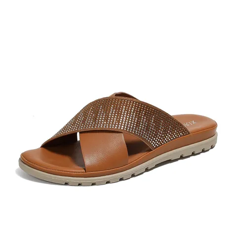 Sandalias Planas Cruzadas Casuales para Mujer con Adornos de Strass Slides de Cuero PU Cómodas Antideslizantes Zapatos de Playa de Verano