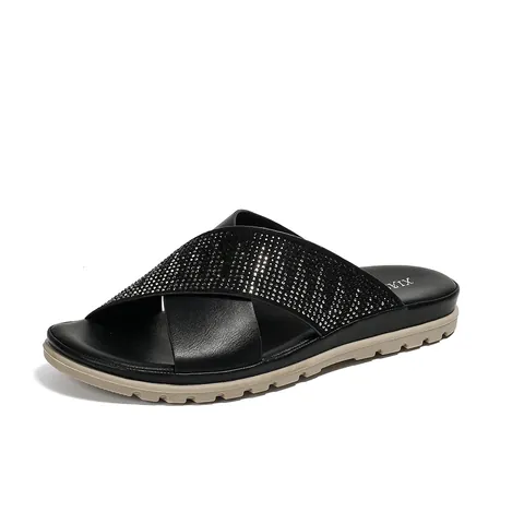 Sandalias Planas Cruzadas Casuales para Mujer con Adornos de Strass Slides de Cuero PU Cómodas Antideslizantes Zapatos de Playa de Verano