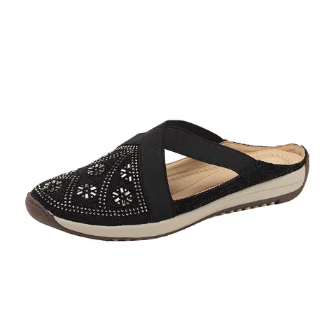 Women Casual Slip On Mules Rhinestone Breathable Woven Fabric Flats Comfortable Soft Sole Walking Loafers Ladies Footwear