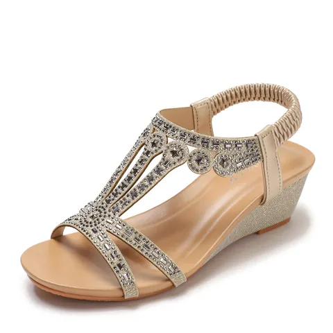 Women's Wedge Sandals Rhinestone T-Strap Roman Style Elastic Back Strap Comfortable Fashion Summer Elegant Platform Shoes