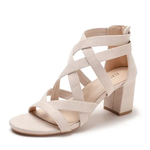 Women Fashion Roman Sandals Elegant Cross Strap Block High Heels Suede PU Sandals With Back Zipper Black Green Off-White Summer Party Shoes