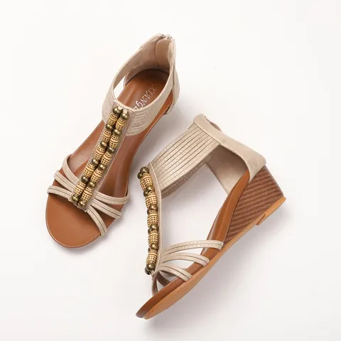 Sandalias de Cuña Bohemias para Mujer con Cuentas Estilo Romano Zapatos de Tiras con Cremallera Trasera Sandalias de Plataforma