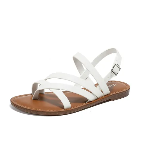 Women's Casual Roman Sandals Synthetic Leather Cross Strap Flat Beach Shoes With Buckle Summer Daily Wear