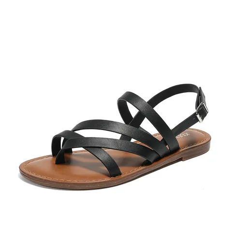 Women's Casual Roman Sandals Synthetic Leather Cross Strap Flat Beach Shoes With Buckle Summer Daily Wear