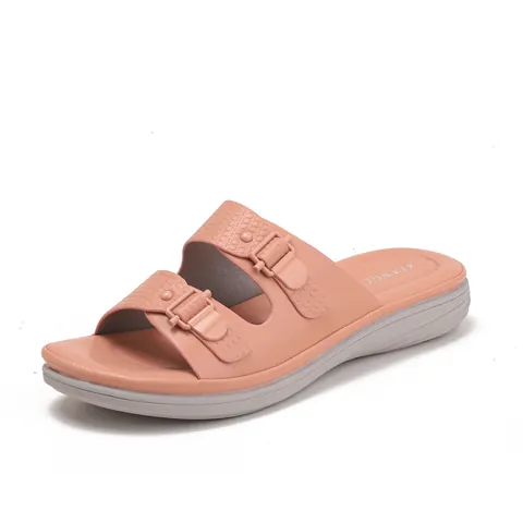 Women Wedge Slippers Anti Slip PU Leather Double Buckle Strap Platform Sandals Round Toe Summer Beach Casual Outdoor Slides