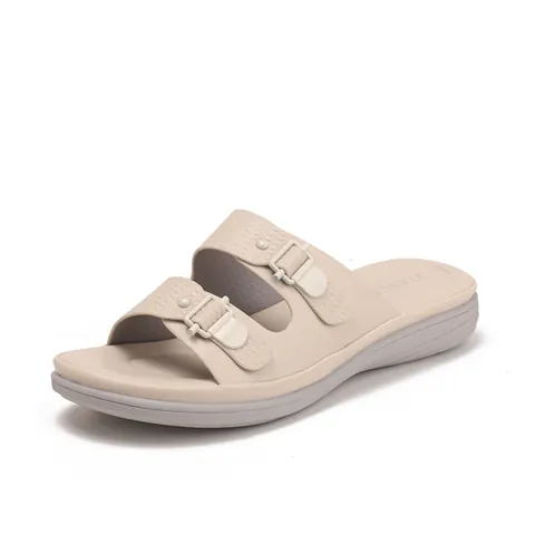 Women Wedge Slippers Anti Slip PU Leather Double Buckle Strap Platform Sandals Round Toe Summer Beach Casual Outdoor Slides