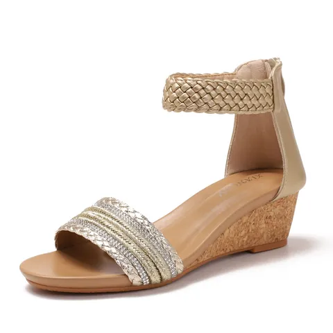 Women's Wedge Sandals Bohemian Woven Ankle Strap Roman Shoes With Back Zipper Comfortable Summer Beach Sandals Gold Silver Black