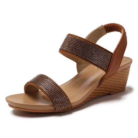 Damen Bohemian Keilsandaletten Strass Doppelriemen Römischer Stil Sommerschuhe Mit Elastischem Fersenriemen Holzmaserung Absatz