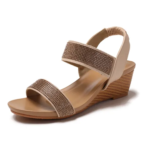 Damen Bohemian Keilsandaletten Strass Doppelriemen Römischer Stil Sommerschuhe Mit Elastischem Fersenriemen Holzmaserung Absatz