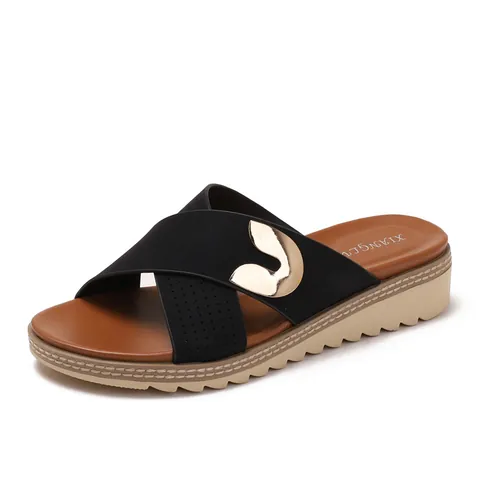 Sandali con Zeppa Plateau Bohemian da Donna con Cinturino a Croce Pantofole in Pelle PU con Fibbia in Metallo Ciabatte da Spiaggia Antiscivolo Scarpe Casual