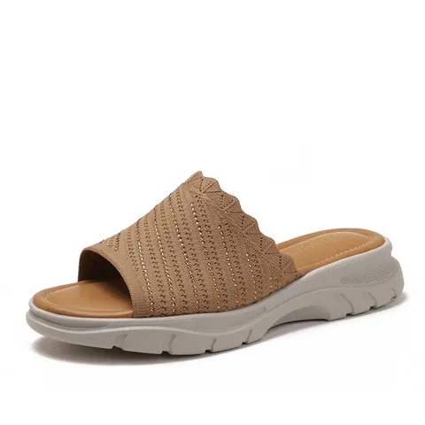 Women's Knitted Rhinestone Wedge Slides Non-slip Comfortable Summer Beach Sandals Breathable Thick Sole Fashion Casual Footwear For Ladies