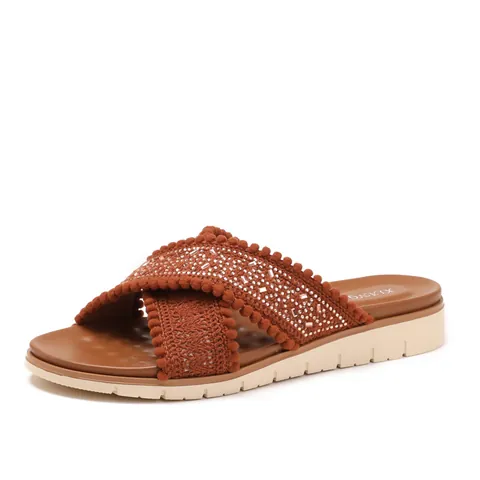 Women Bohemian Wedge Slippers Cross Strap Cloth Upper Rhinestone Pom Pom Ethnic Summer Beach Slides Height Increasing Sandals