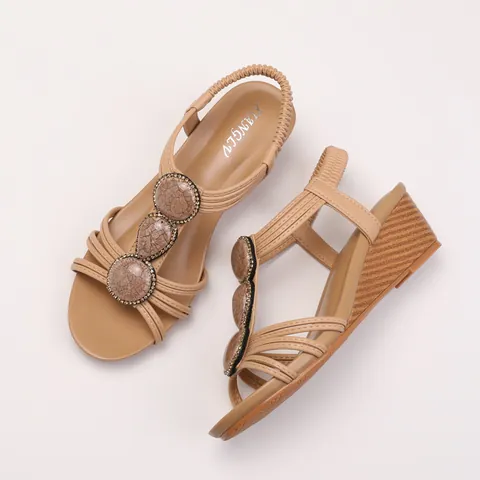 Sandali con Zeppa Bohemien da Donna Stile Etnico Estate Strass Perline Vintage Stile Romano Punta Aperta Spiaggia Viaggio Sandali