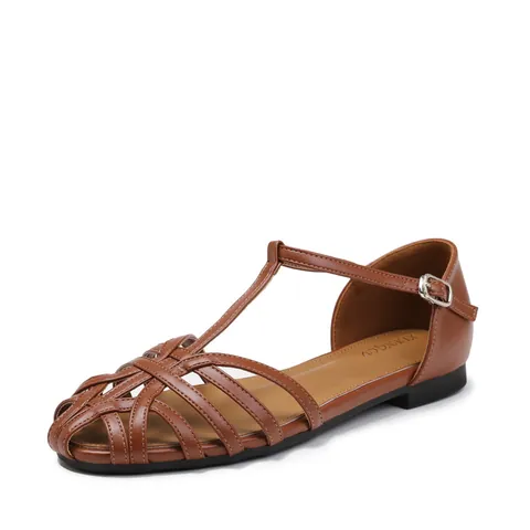 Sandales Plates Femme Tissées Ajourées Bout Fermé Bride en T Boucle Cuir PU Chaussures Romaines Pour Vacances Été Casual Quotidien