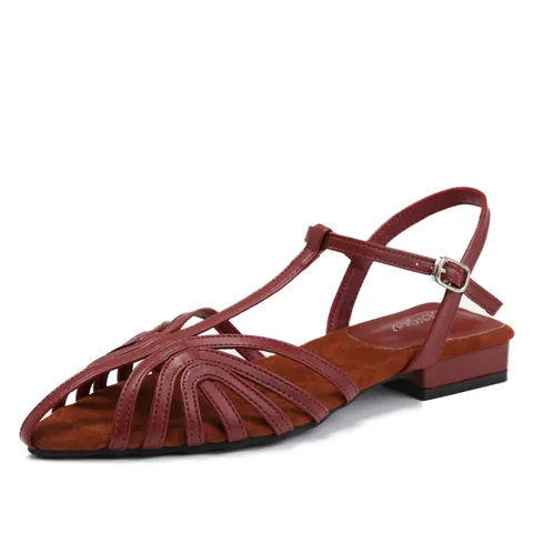 Women Woven Roman Sandals Fashion PU Leather T-Strap Low Heel Pointed Toe Buckle Outdoor Beach Travel Summer Slides Shoes