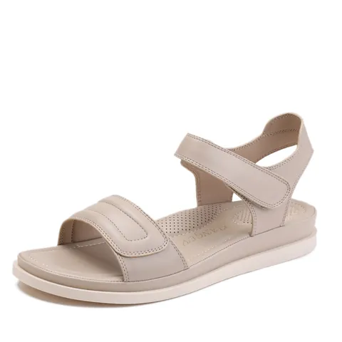 Women's Flat Sandals PU Leather Soft Sole Anti-Slip Magic Tape Beach Shoes Fashion Comfortable Summer Casual Travel Walking Sandals