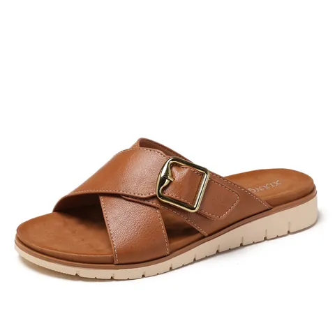 Women's Platform Wedge Slippers Roman Style Cross Strap Sandals With Metal Square Buckle Summer Beach Travel Casual Fashion Slippers