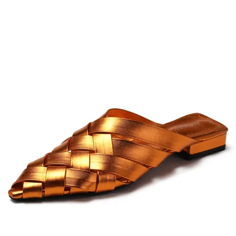 Women Fashion Woven Pointed Toe Mules PU Leather Low Heel Slip On Slippers Metallic Gold Black Brown Casual Summer Shoes