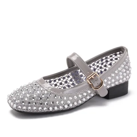 Women Fashion Mesh Rhinestone Mary Jane Flats Round Toe Buckle Strap Breathable Low Chunky Heel Sparkly Party Wedding Single Shoes