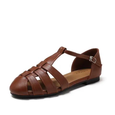 Women French Retro Roman Sandals Flat Closed Toe Woven Fisherman Shoes With Buckle Strap Hollow Out Casual Summer Footwear