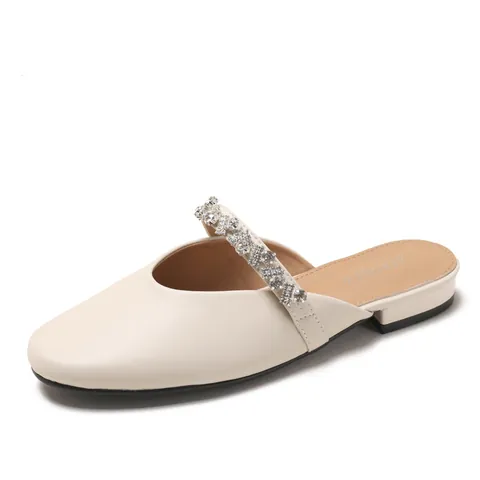 Women's Rhinestone Closed Toe Flat Mules French Elegant Microfiber Leather Slides Casual Non-slip Comfortable Slip-on Shoes