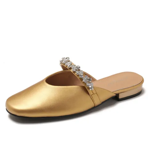 Women's Rhinestone Closed Toe Flat Mules French Elegant Microfiber Leather Slides Casual Non-slip Comfortable Slip-on Shoes