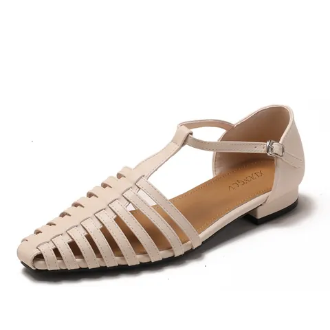 Women French Vintage Roman Woven Sandals Summer Fisherman Shoes T-Strap Ankle Buckle Hollow Flat Sandals Gold Silver Black