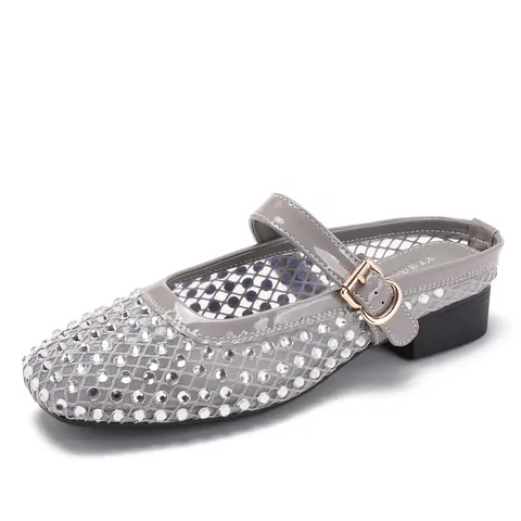 Women Mesh Rhinestone Mary Jane Mules Breathable Closed Toe Backless Sandals With Metal Buckle Strap Elegant Low Heel Shoes