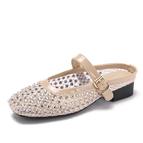 Women Mesh Rhinestone Mary Jane Mules Breathable Closed Toe Backless Sandals With Metal Buckle Strap Elegant Low Heel Shoes