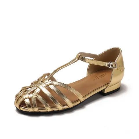 Women Vintage Fisherman Sandals Metallic PU Leather Woven T-Strap Hollow Out Closed Toe Flat Chunky Heel Summer Roman Sandals