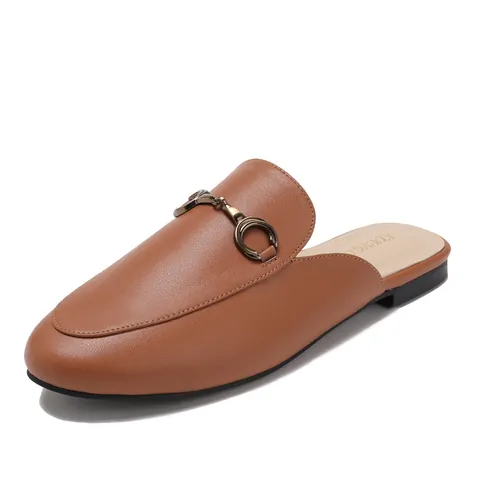 Women Flat Mules Horsebit Loafer Slides Round Toe Slip On PU Leather Casual Backless Loafers Office Walking Shoes