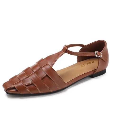 Sandales Plates Tissées Rétro pour Femmes Respirantes Style Romain Cuir PU Bride en T Boucle Ajourées Bout Carré Chaussures Décontractées d'Été
