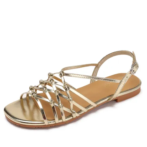 Women's Roman Flat Sandals Hand Woven Thin Straps Ankle Buckle Non-Slip Summer Beach Vacation Casual Fashion PU Shoes