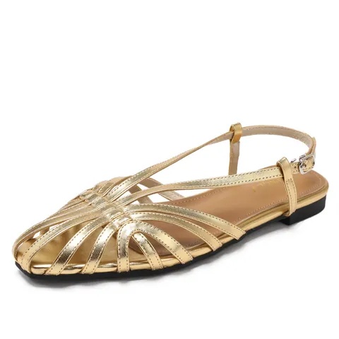 Retro Woven Hollow Out Closed Toe Flat Sandals For Women Slingback Buckle Roman Shoes Soft Sole Summer Casual Fashion Shoes