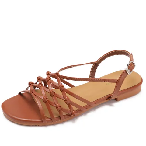 Women's Roman Flat Sandals Hand Woven Thin Straps Ankle Buckle Non-Slip Summer Beach Vacation Casual Fashion PU Shoes