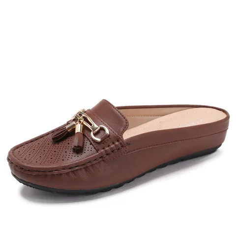 Mule da Donna Casual in Pelle PU con Nappine Fibbia a Morsetto Traforate Punta Chiusa Pantofole con Zeppa Scarpe Loafer