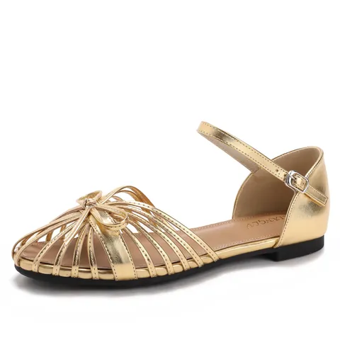 Women Flat Gladiator Sandals Woven Cage Ankle Strap Sandals With Bow Hollow Out PU Leather Casual Summer Shoes