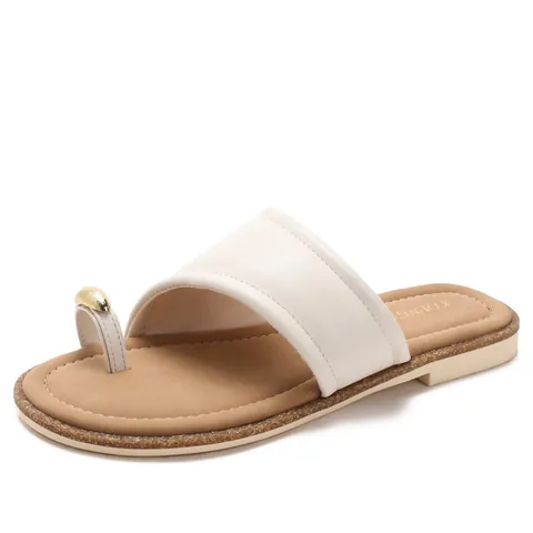 Sandales Plates Style Français pour Femmes Claquettes à Anneau d'Orteil Décor de Boule d'Or Casual Plage Imprimé Léopard Été