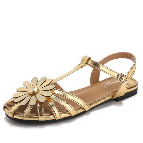 Women French T-Strap Flat Sandals Elegant Daisy Flower Decoration Round Toe PU Leather Summer Shoes Casual Roman Sandals