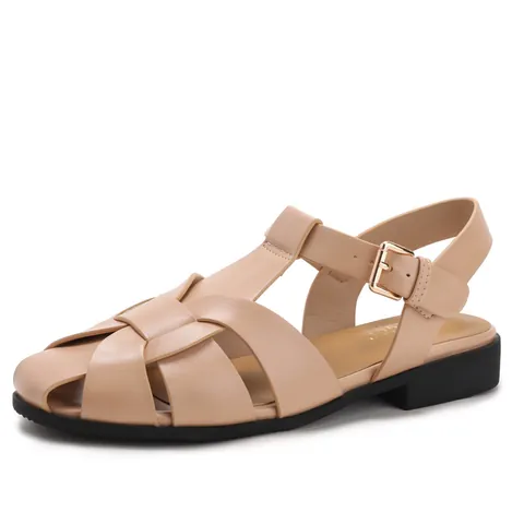 Sandalias de Pescador Tejidas Vintage para Mujer Punta Redonda Tacón de Bloque Medio Sandalias Romanas con Hebilla