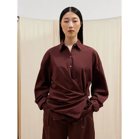 Women Cotton Wrap Blouse Asymmetric Button Shirt Long Sleeve Lapel Collar Casual Office Work Top Solid Irregular Hem Shirt
