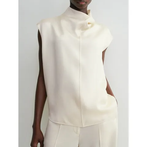 Top Senza Maniche in Raso con Collo ad Anello da Donna Minimalista Camicetta in Viscosa Acetato Casual Elegante Tinta Unita