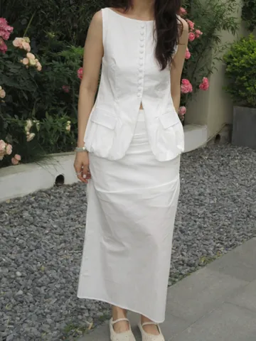 Ensemble Blanc Minimaliste Femmes Gilet Simple Boutonnage Et Jupe Longue Plissée Taille Haute Fente Latérale Coton Mélangé